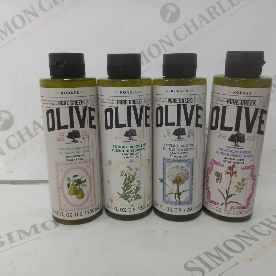 BOX OF 4 ASSORTED KORRES GREEK OLIVE SHOWER GEL ITEMS TO INCLUDE -ORCHIDEE SAUVAGE - CHAMOMILLE - MIEL POIRE ECT