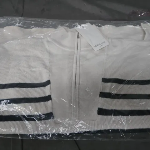 BRAVE SOUL LONDON STRIPED ZIP-THROUGH KNIT JUMPER, IVORY/NAVY, XL