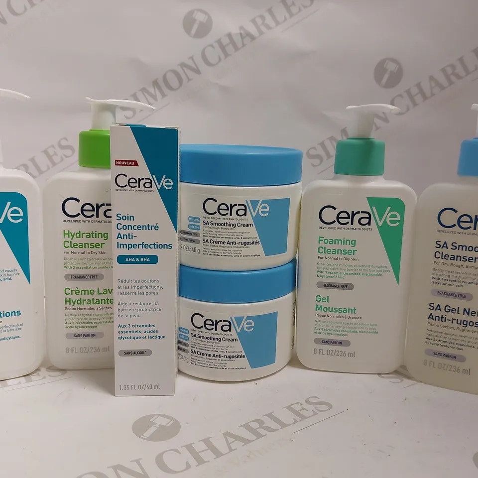 BOX OF APPROX 7 CERAVE ITEMS TO INCLUDE FOAMING CLEANSER, BLEMISH CONTROL CLEANSER AND SMOOTHING CREAM
