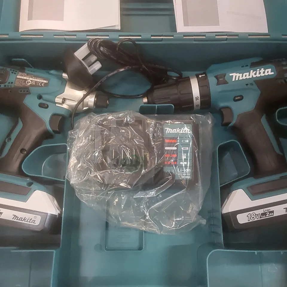 MAKITA 18V CORDLESS HAMMER DRIVER DRILL & IMPACT DRIVER - WITH BATTERIES AND CARRY CASE