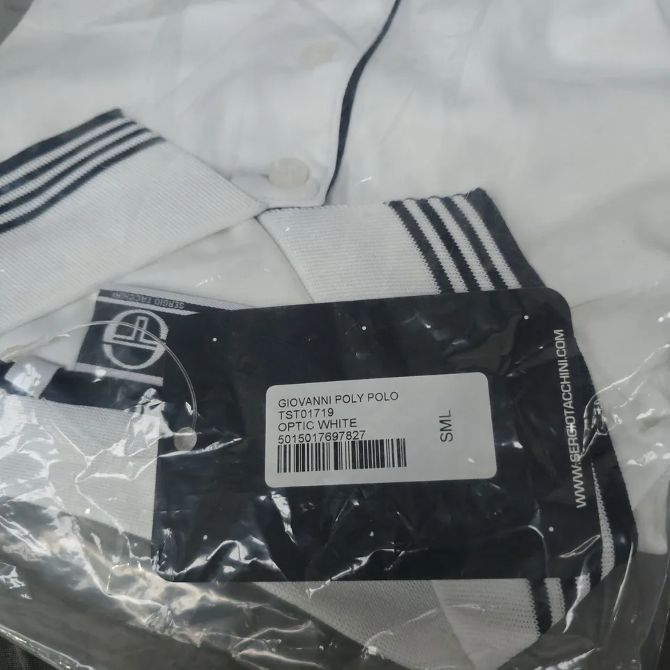 SERGIO TACCHINI GIOVANNI POLY POLO SHIRT – OPTIC WHITE WITH NAVY COLLAR, SIZE SML
