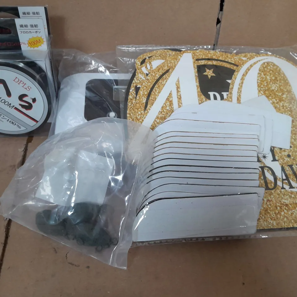 APPROXIMATELY 20  ASSORTED HOUSEHOLD ITEMS TOO INCLUDE,  FISHING LINE - FISHING WEIGHTS BIRTHDAY DECO  