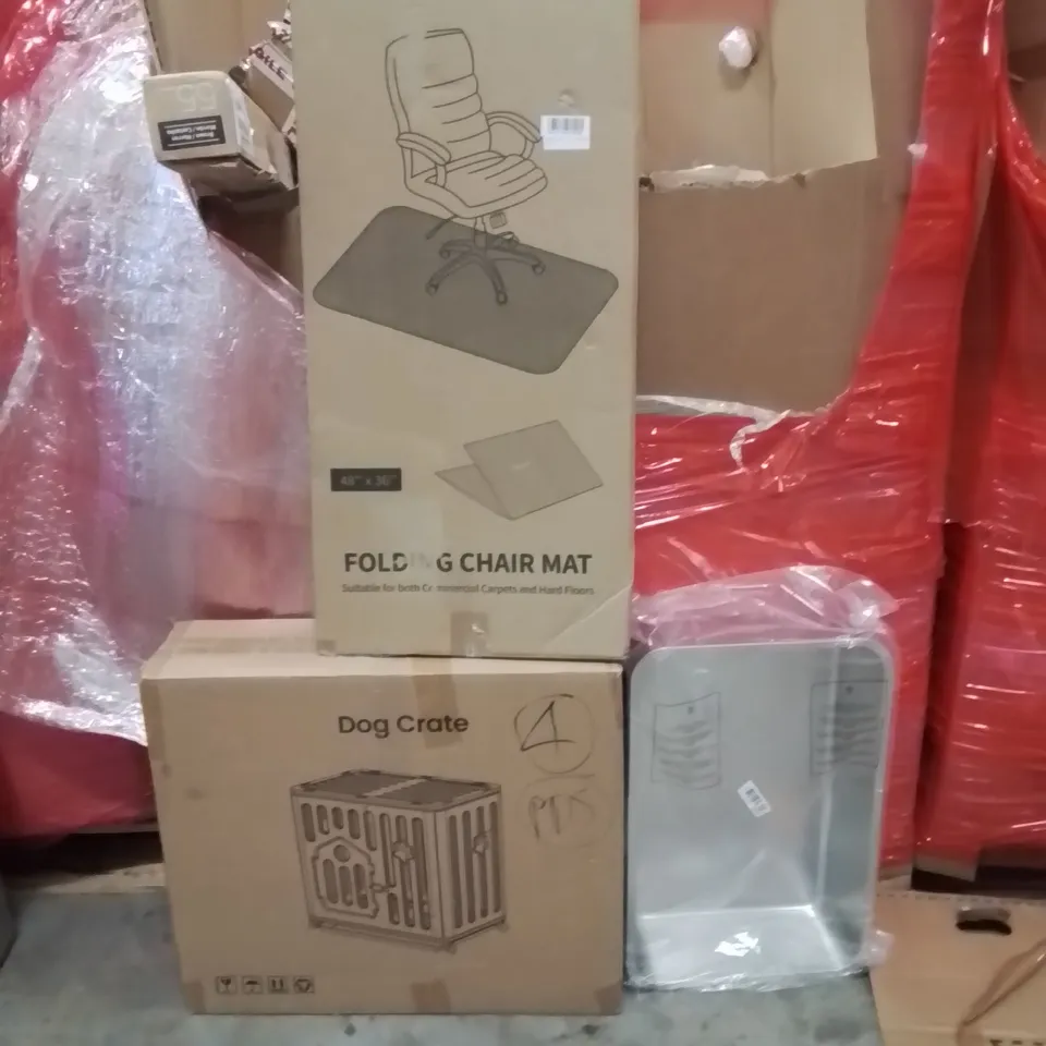 PALLET OF ASSORTED HOUSEHOLD GOODS AND PRODUCTS TO INCLUDE;DOG CRATE,FOLDING CHAIR MAT,STEEL CAT LITTER TRAY 