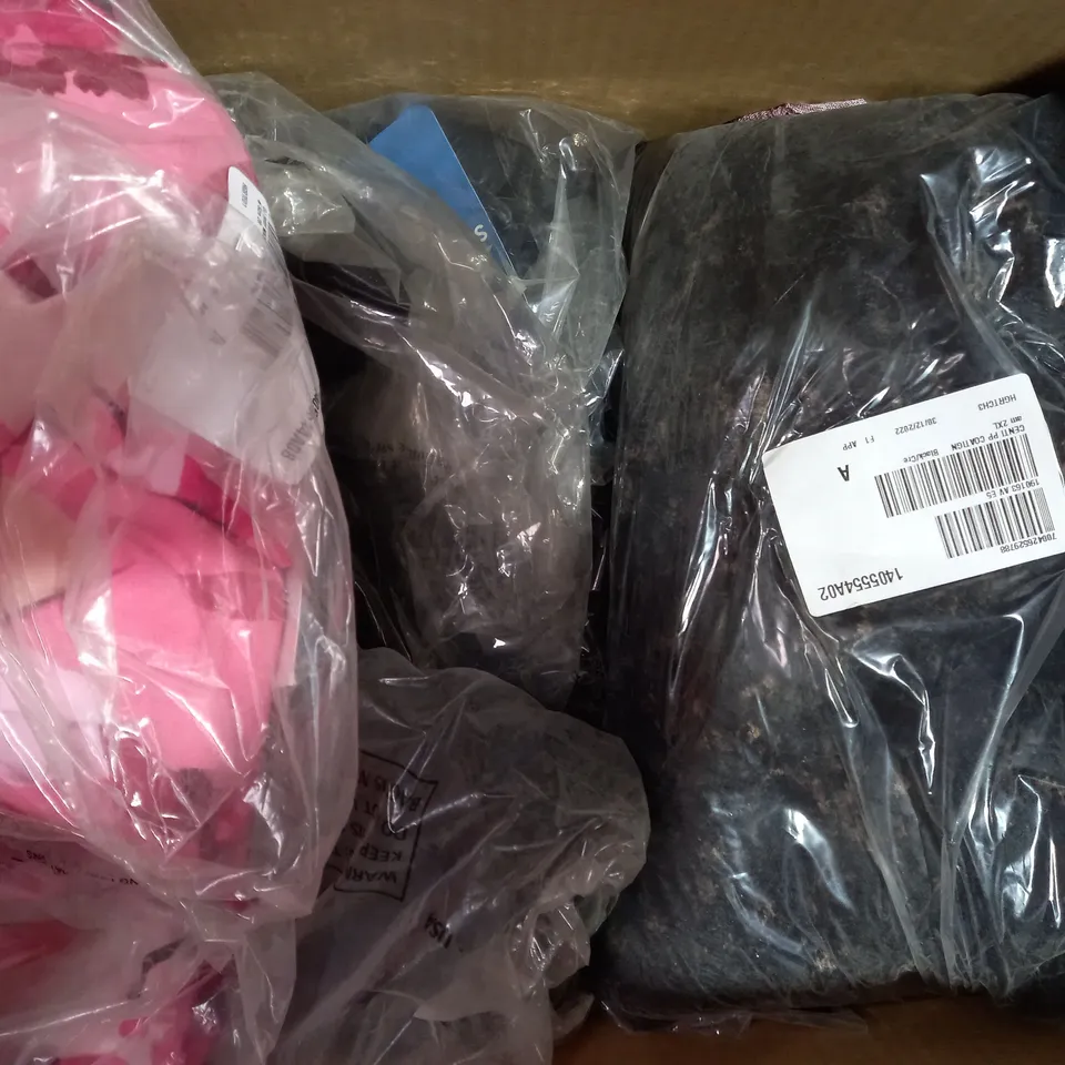 BOX OF APPROXIMATELY 15 ASSORTED CLOTHING AND FASHION ITEMS OF VARIOUS COLOURS AND STYLES TO INCLUDE JULIEN MACDONALD, RUTH LANGSFORD, WYNNE LAYERS, ETC