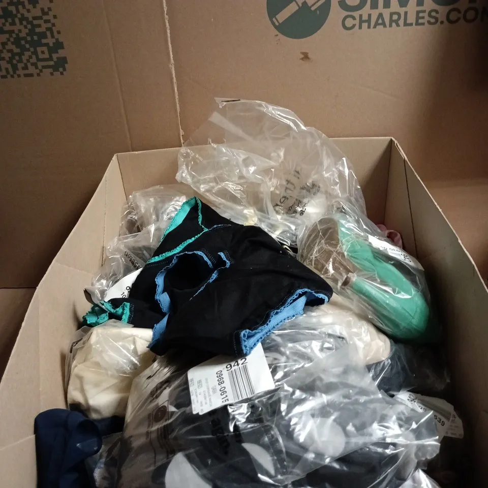 BOX OF APPROXIMATELY 15 ASSORTED CLOTHING ITEMS TO INCLUDE UNDERWEAR, SHOES ETC