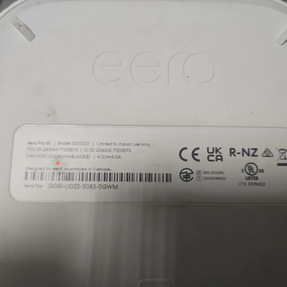 EERO PRO 6E MESH WI-FI ROUTER – WHITE, INDOOR USE (MODEL S01D001)
