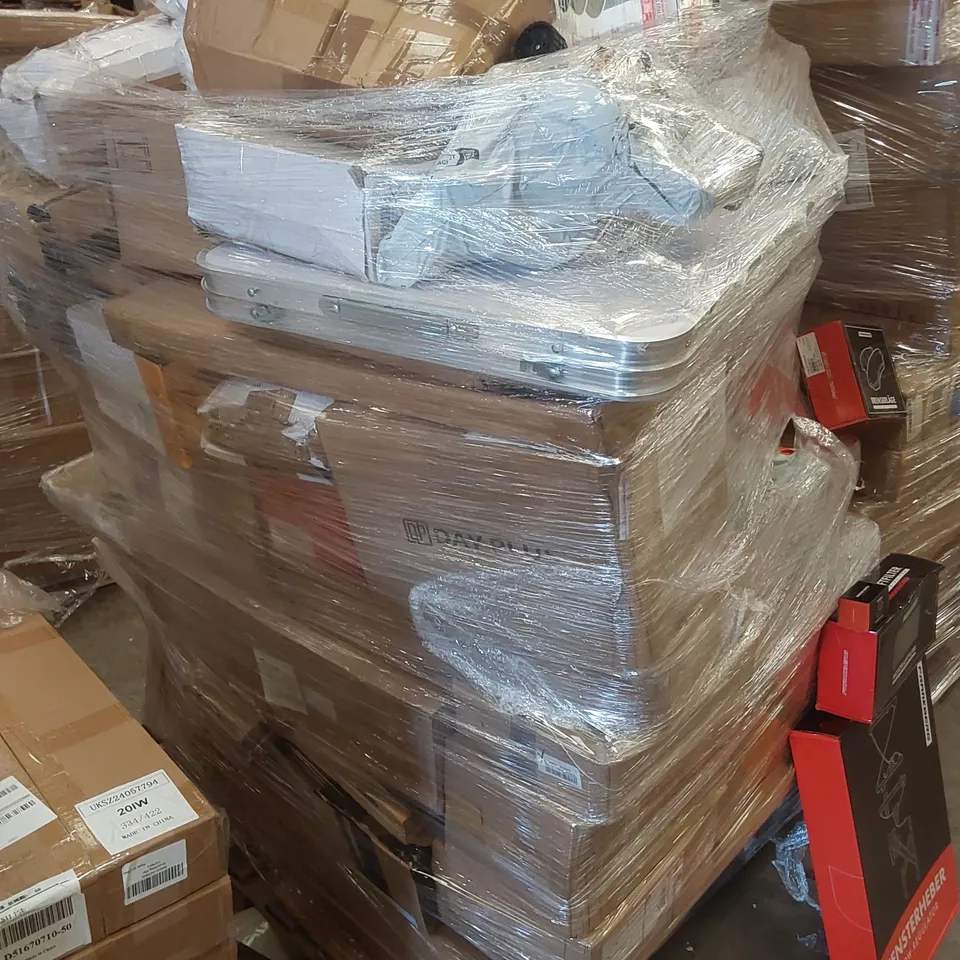 PALLET CONTAINING VARIOUS ASSORTED BOXED ITEMS INCLUDING, WINDOW REGULATOR, IGNITION SWITCH, EXPANDABLE HOSES,BRAKE PADS, FOLDING TABLE AND LOTS MORE UNMARKED BOXED ITEMS 
