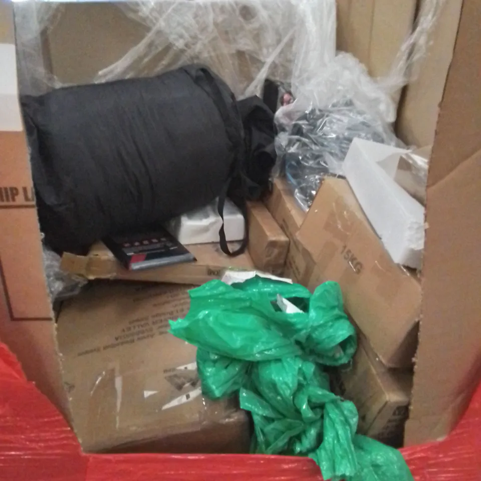 PALLET CONTAINING ASSORTED HOUSEHOLD AND HOME IMPROVEMENT PRODUCTS. INCLUDES PLASTIC BOTTLES, PULL-UP BAR, RETRO TURNTABLE, ROLLATOR ETC 