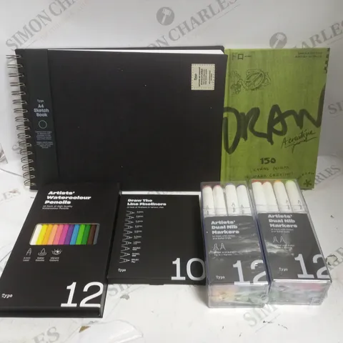 BOX OF APPROXIMATELY 6 ASSORTED ART SUPPLIES TO INCLUDE A4 SKETCH BOOK, WATERCOLOUR PENCILS, FELT PENS ETC