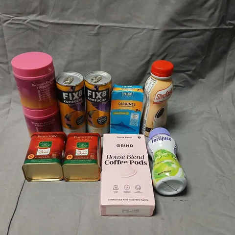 APPROXIMATELY 15 ASSORTED PRODUCTS TO INCLUDE; FIX 8 KOMBUCHA, GRIND HOUSE BLEND COFFEE PODS, SLIMFAST DRINKS AND NIXE SARDINES 