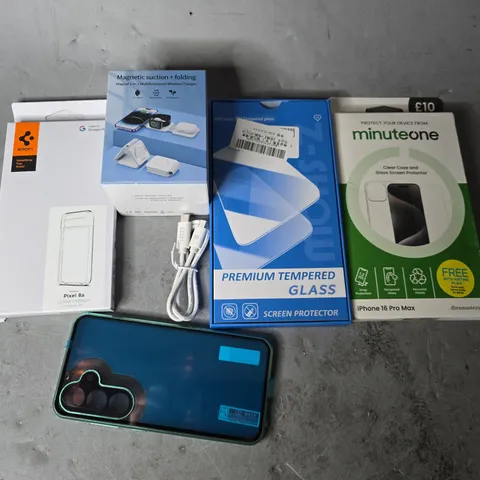 APPROXIMATELY 12 ASSORTED ITEMS TO INCLUDE - PHONE CASE , PREMIUM TEMPERED , MAGNETIC SUCTION ETC