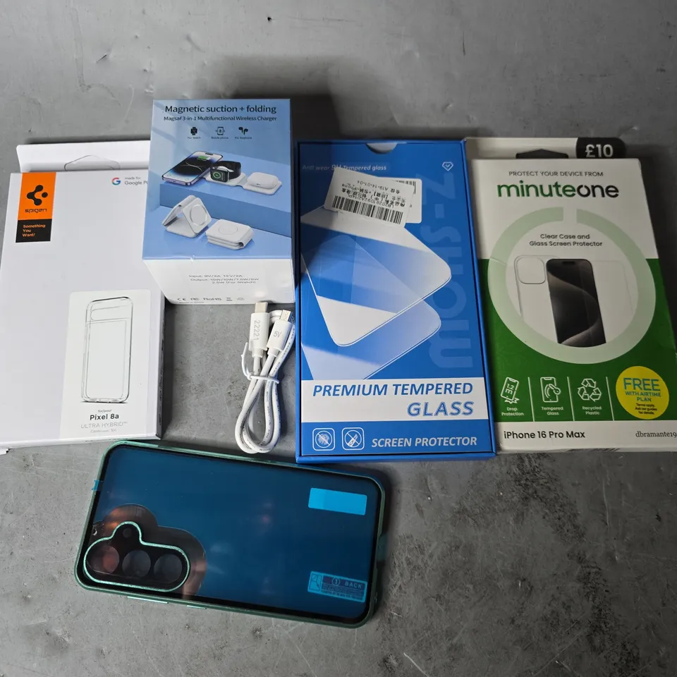 APPROXIMATELY 12 ASSORTED ITEMS TO INCLUDE - PHONE CASE , PREMIUM TEMPERED , MAGNETIC SUCTION ETC