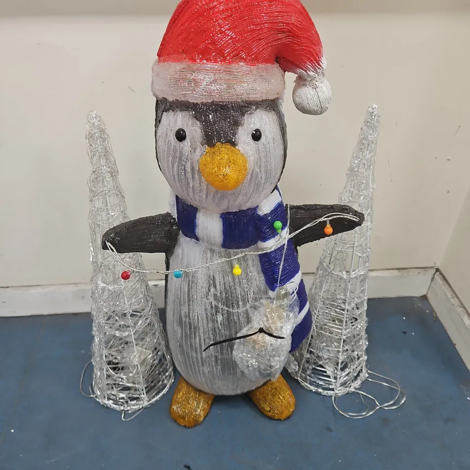 LIGHT-UP PENGUIN CHRISTMAS FIGURE WITH SANTA HAT AND 2 DECORATIVE CONES - COLLECTION ONLY