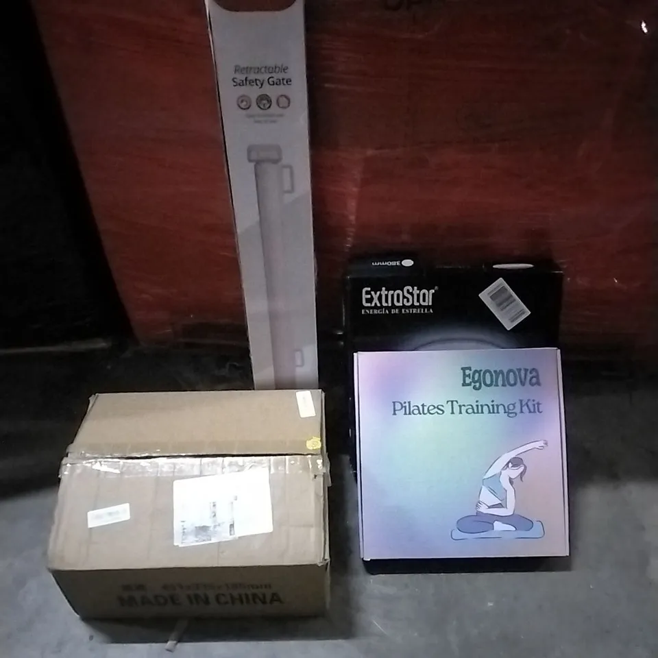 PALLET OF HOUSEHOLD ITEMS TO INCLUDE WHITE TABLE CLOTHS, RETRACTABLE SAFETY, PILATES TRAINING KIT, CEILING PANEL AND OTHER ASSORTED ITEMS...