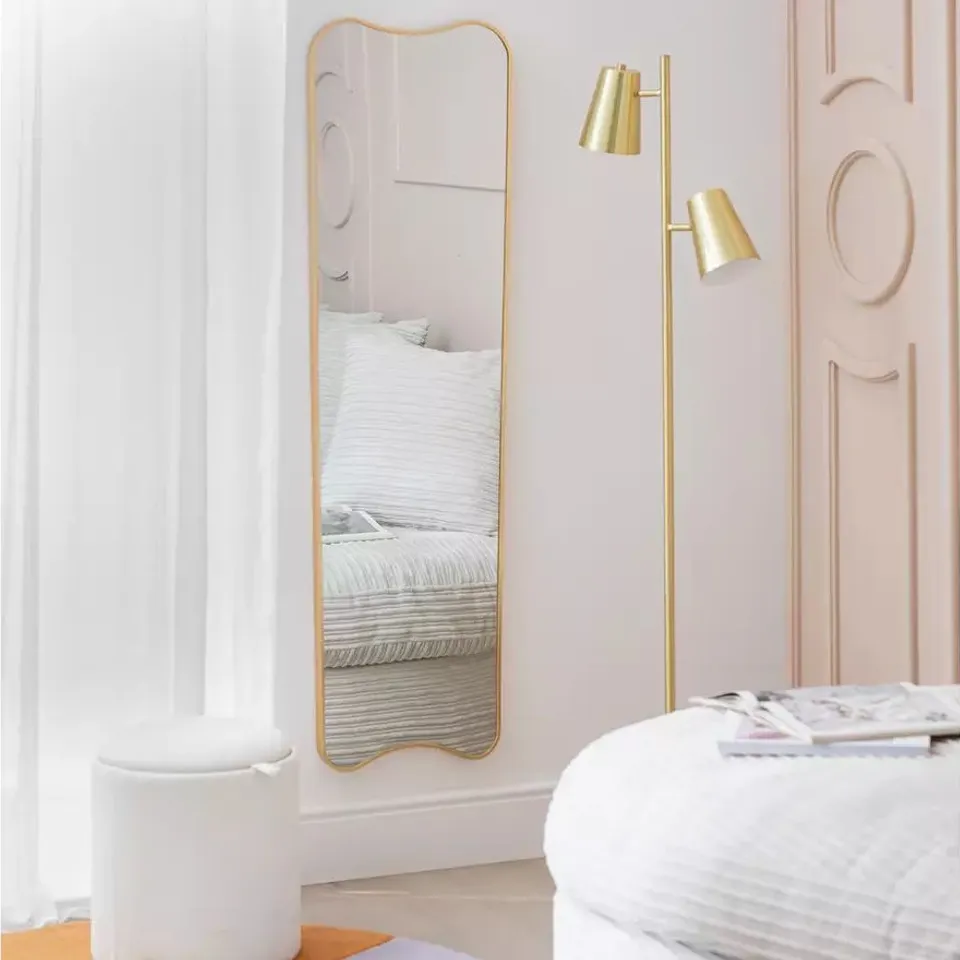 BOXED GOLD FULL LENGTH CURVED WALL MIRROR - 140x40cm