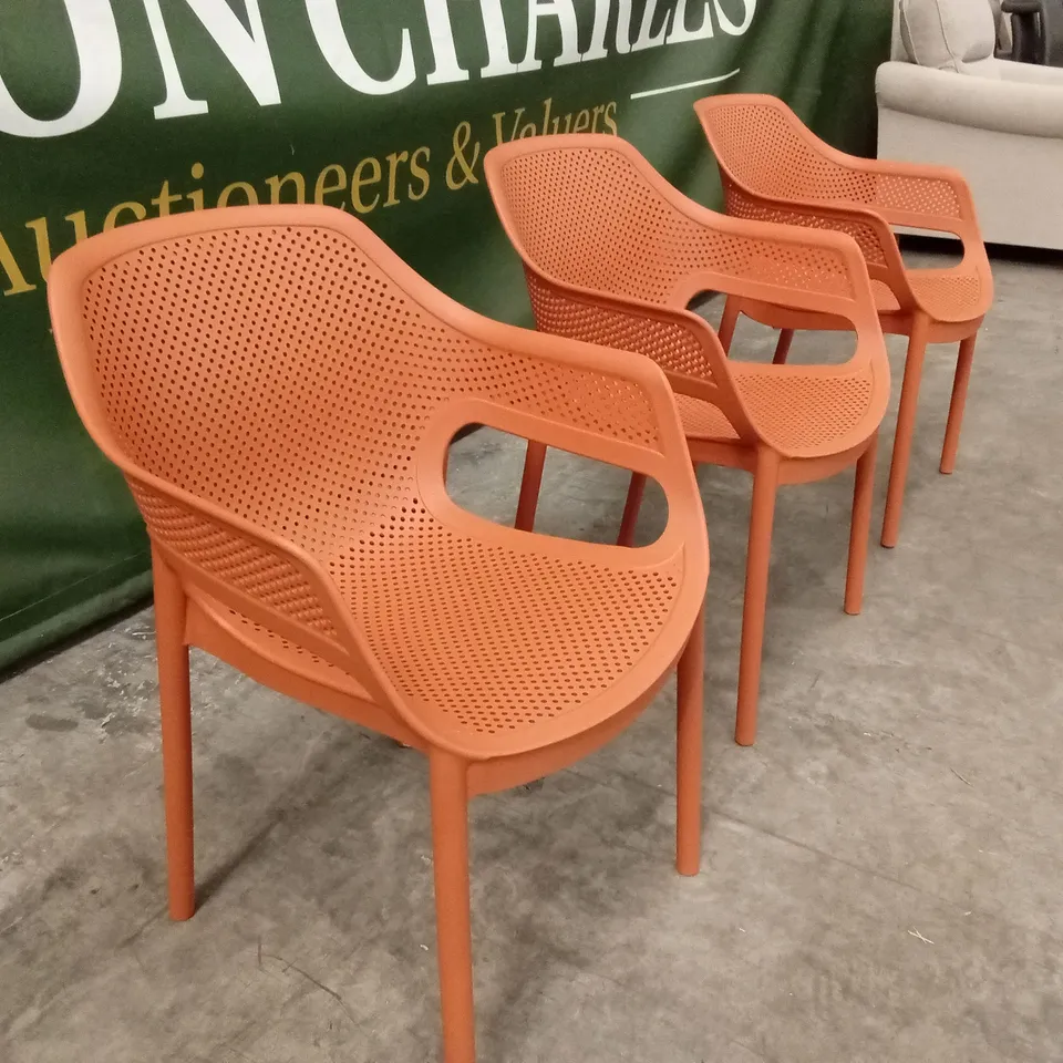 SET OF 3 QUALITY DESIGNER OUTDOOR PLASTIC STACKABLE GARDEN CHAIRS - ORANGE