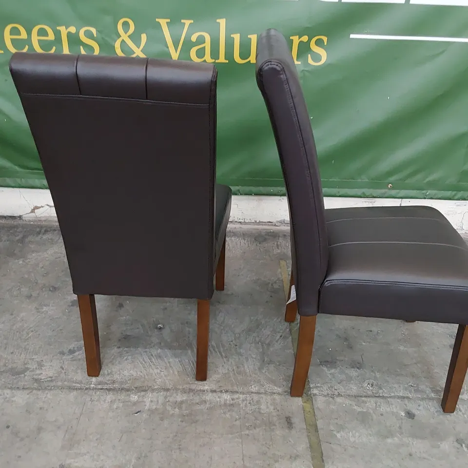 PAIR OF UPHOLSTERED DINING CHAIRS BROWN PU ON DARK WOOD LEGS