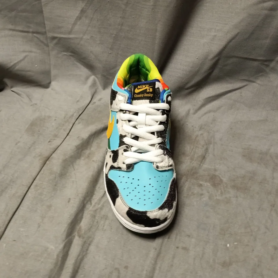 UNBOXED PAIR OF NIKE SB CHUNKY DUNKY TRAINERS COW PRINT MULTI - UK 8.5