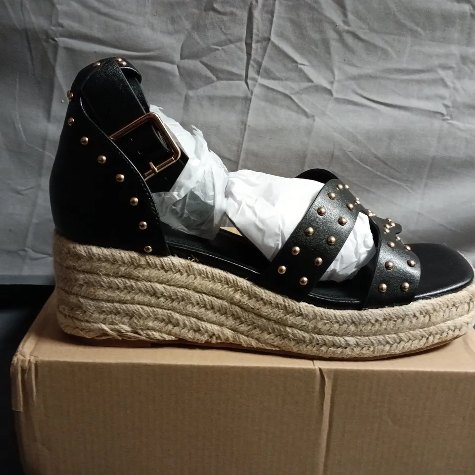 WOMEN'S BLACK STUDDED LEATHER SANDALS WITH ESPADRILLE WEDGE - UK SIZE 8