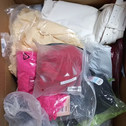 LARGE BOX OF APPROXIMATELY 25 ASSORTED CLOTHING ITEMS IN VARIOUS COLOURS, STYLES AND SIZES - COLLECTION ONLY