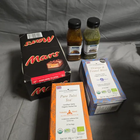 APPROXIMATELY 10 ASSORTED FOOD/DRINK PRODUCTS TO INCLUDE HERBAL TEA, MARS BARS, FLAVOURED WATER ETC 