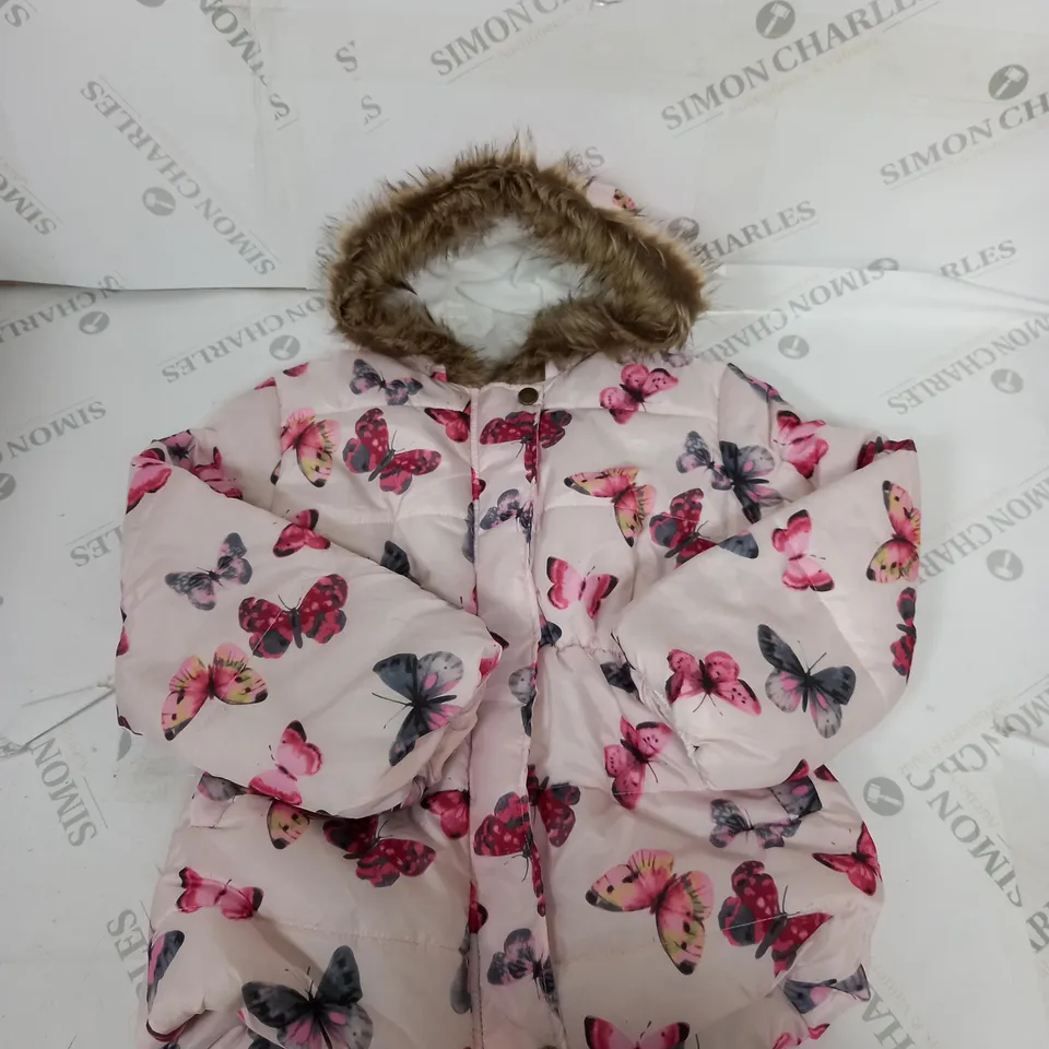 GIRLS BUTTERFLY PATTERN COAT WITH FAUX FUR HOOD SIZE UNSPECIFIED