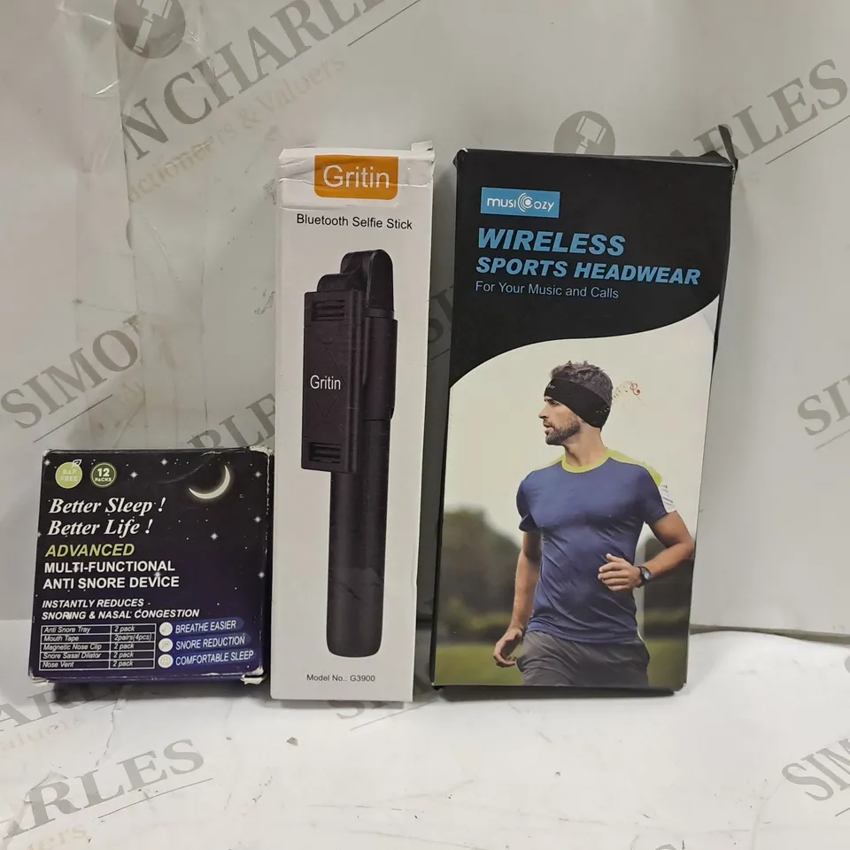 BOX OF APPROXIMATELY 10 ASSORTED HOUSEHOLD ITEMS TO INCLUDE WIRELESS SPORTS HEADWEAR, BLUETOOTH SELFIE STICK, ANTI-SNORE DEVICE, ETC