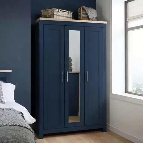 BOXED HIGH GATE 3 DOOR WARDROBE/MIRROR - NAVY BLUE/OAK EFFECT (3 BOXES)