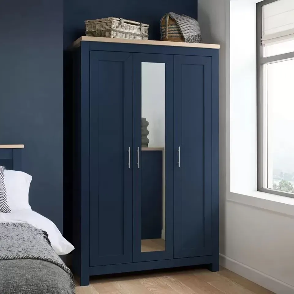BOXED HIGH GATE 3 DOOR WARDROBE/MIRROR - NAVY BLUE/OAK EFFECT (3 BOXES)