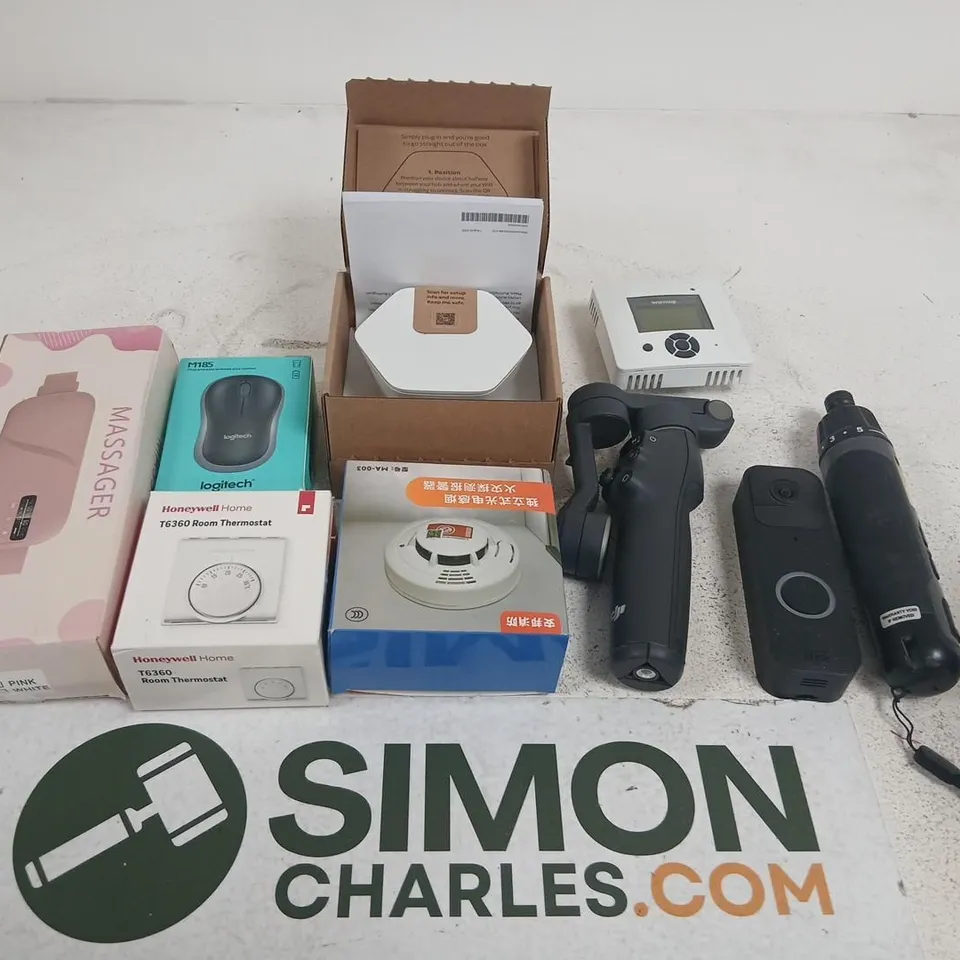 LOT OF ASSORTED HOME ELECTRONICS & THERMOSTATS – HONEYWELL T6360, LOGITECH MOUSE, PINK MASSAGER BOX 