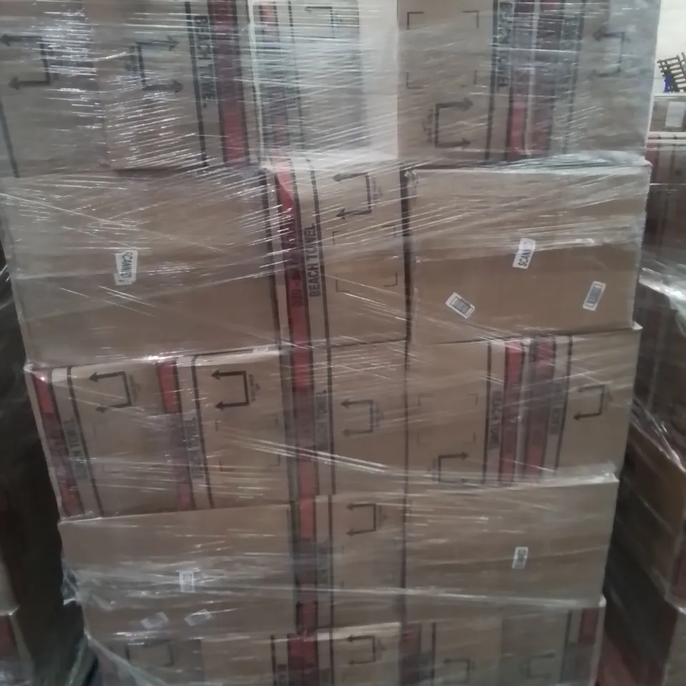 PALLET CONTAINING APPROXIMATELY 50 6-PACK BOXES OF BRAND NEW SUMMER THEMED BEACH TOWELS 
