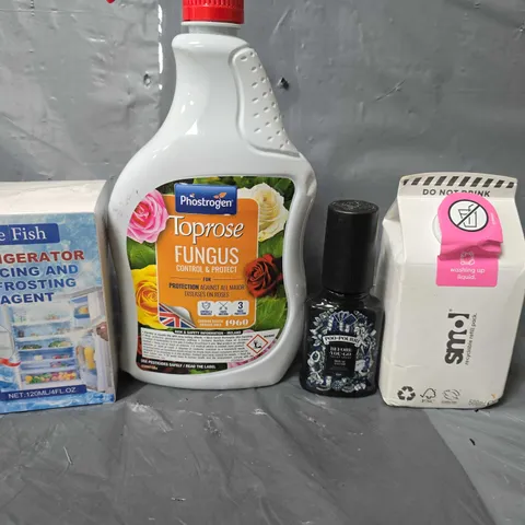 APPROXIMATELY 10 ASSORTED ITEMS TO INCLUDE - SMOL WASHING UP LIQUID , DEFROSTING AGENT , TOPROSE FUNGUS ETC