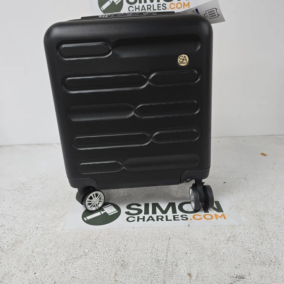 BLACK HARD-SHELL CARRY-ON SUITCASE WITH FOUR SPINNER WHEELS