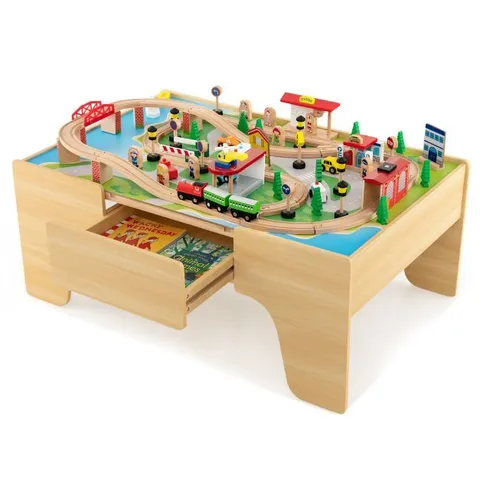 BOXED COSTWAY WOODEN CHILDREN'S TABLE WITH TRAIN TRACK PLAYSET, 84 PIECES