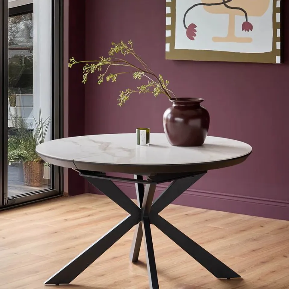 BOXED DANETTI HAYDEN WHITE ROUND CERAMIC EXTENDING 4 TO 6 SEATER DINING TABLE (2 BOXES)