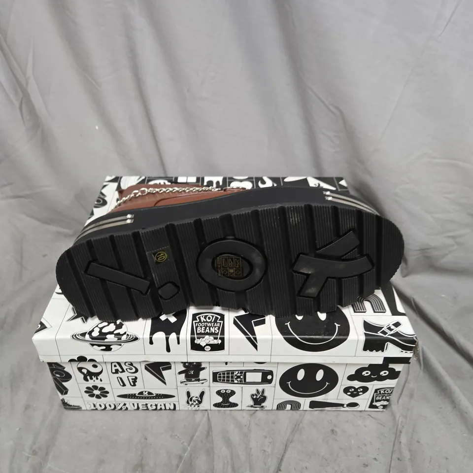 BOXED PAIR OF KOI THE SILENCE PLATFORM GRUNGE BOOTS IN BROWN - UK 10