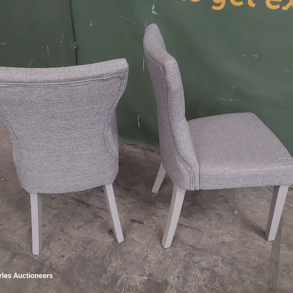 PAIR OF UPHOLSTERED BUTTONED BACK DINING CHAIRS GREY FABRIC ON GREY PAINTED LEGS 