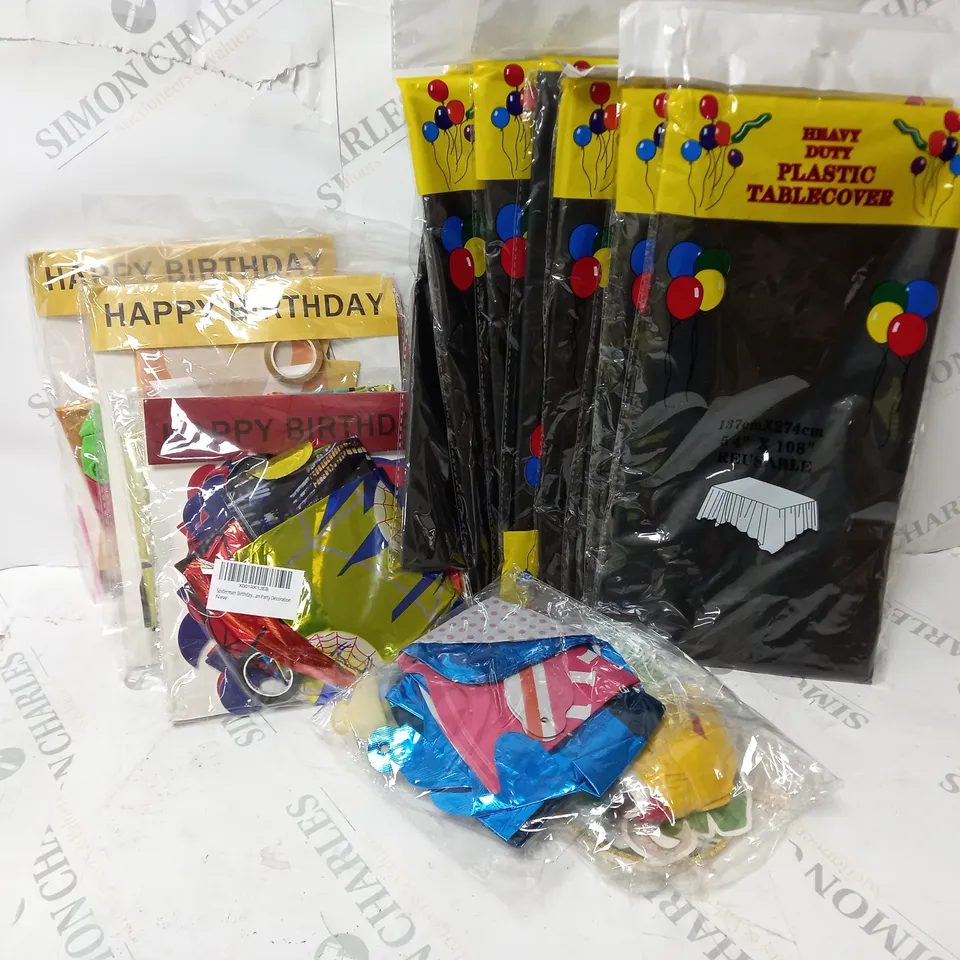 APPROXIMATELY 17 ASSORTED PARTY SUPPLIES TO INCLUDE HEAVY DUTY REUSABLE PLASTIC TABLE COVERS AND BIRTHDAY PARTY DECORATIONS