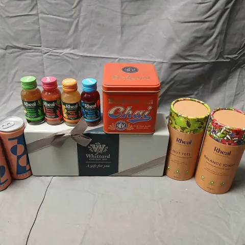 APPROXIMATELY 20 ASSORTED PRODUCTS TO INCLUDE; RHEAL SUPERFOODS, DISHOOM CHAI HOUSE BLEND, WHITTARD GIFT SET AND ELEVATE CANS