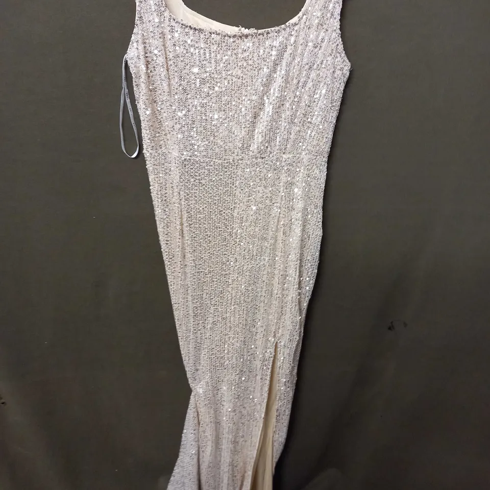 CLUB L HIGH LIFE SILVER SEQUIN SQUARE NECK SPLIT FRONT MAXI DRESS IN SILVER - UK 14