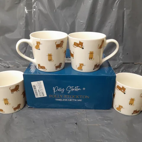 BOXED POLLY STOCKTON SET OF 4 CURIOUS CAT MUGS - COLLECTION ONLY