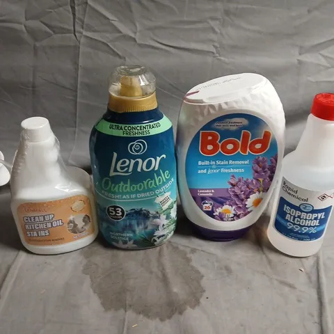 APPROXIMATELY 10 ASSORTED HOUSEHOLD CLEANING PRODUCTS IN CRATE – LENOR FABRIC SOFTENER, BOLD DETERGENT & ISOPROPYL ALCOHOL