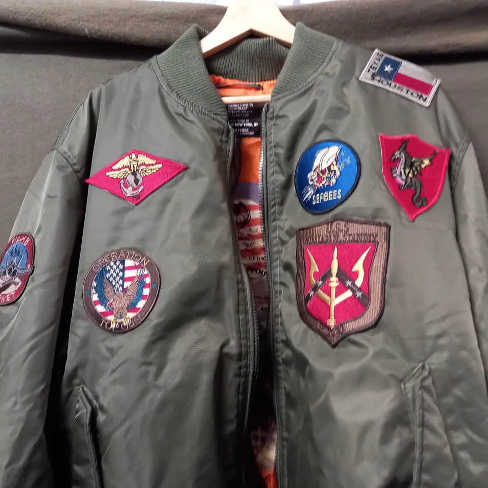 TOP GUN TYPE MA-1 JACKET WITH ORANGE LINING IN KHAKI GREEN - 2XL