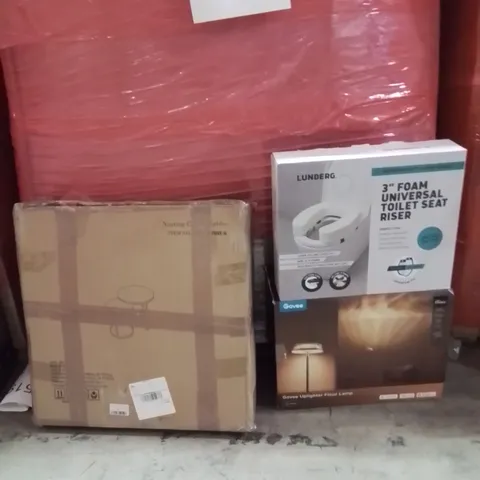PALLET OF ASSORTED HOUSEHOLD GOODS AND PRODUCTS TO INCLUDE;GOVEE FLOOR LAMP,UNIVERSAL TOILET SEAT RISER,NESTING TABLES