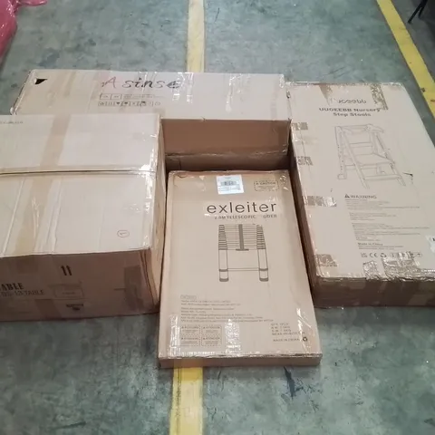 PALLET OF ASSORTED ITEMS TO INCLUDE: BOKKOLIK BAR TABLE, ARTIFICIAL CHRISTMAS TREE, 2.9M TELESCOPIC LADDER, NURSERY STEP STOOL ECT