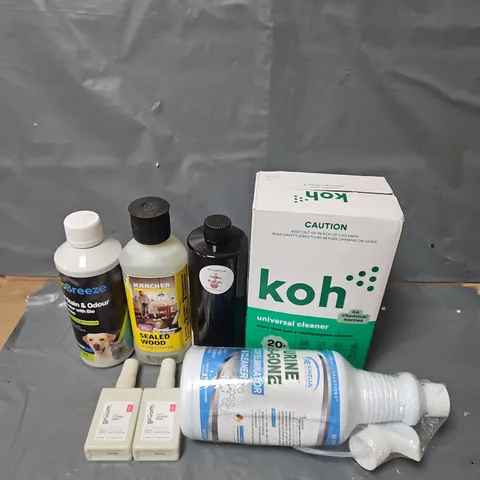 BOX OF ASSORTED HOUSEHOLD ITEMS TO INCLUDE GRUUM, SEALED WOOD FLOOR CLEANER AND URINE B-GONE
