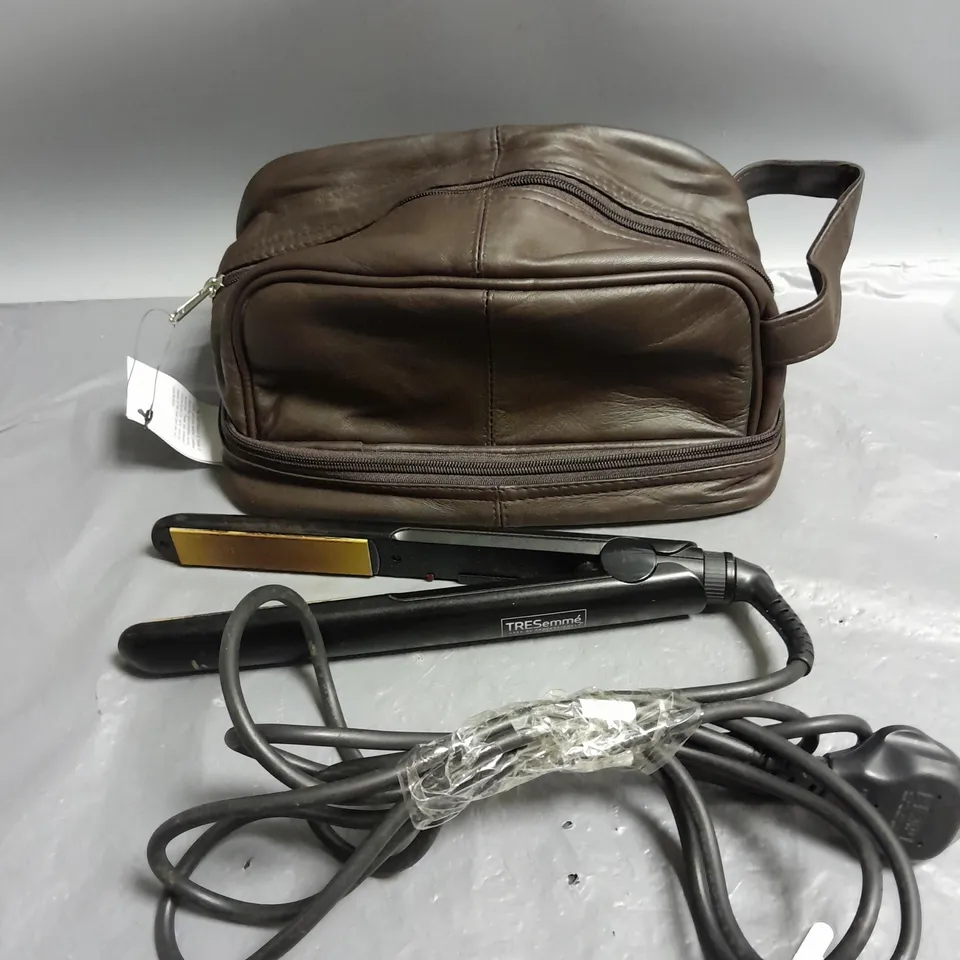 TRESEMME HAIR STRAIGHTENER IN BLACK WITH RAS BROWN LEATHER TRAVEL BAG