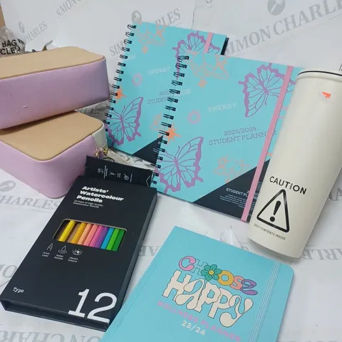 BOX OF APPROXIMETLY 15 ITEMS TO INCLUDE DIARY'S, PENCILS, CUP ETC