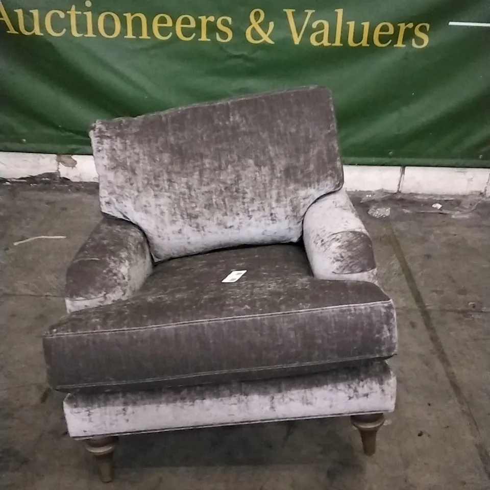 QUALITY DESIGNER LOUNGE CO ARMCHAIR IN SILVER CRUSHED VELVET