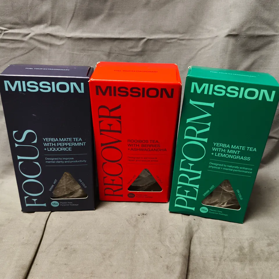 APPROXIMATELY 12 BOXED MISSION FOCUS YERBA MATE TEAS (3 FLAVOURS, 30G EACH)